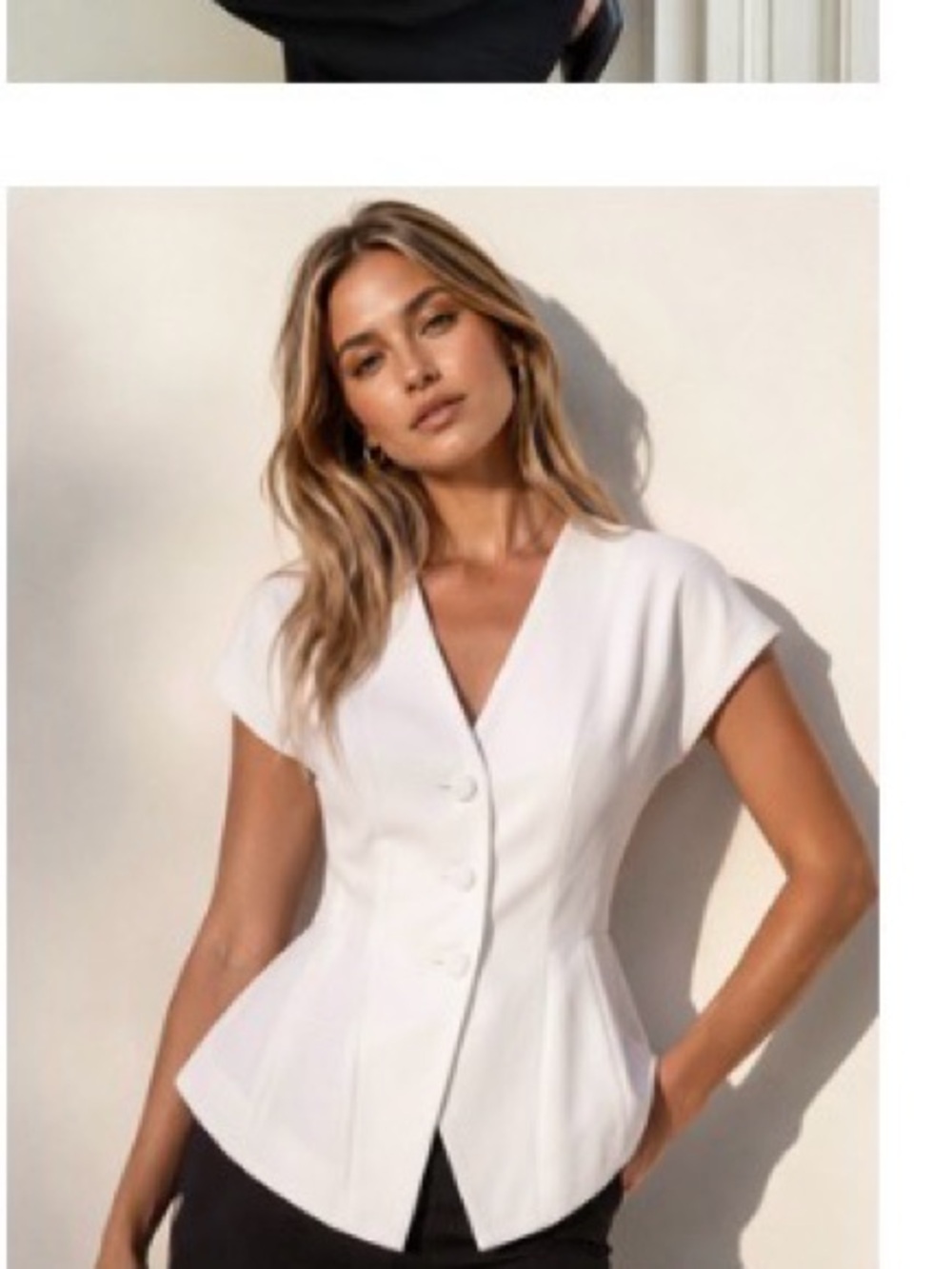 Tailored V-Neck Button Front Blouse - White